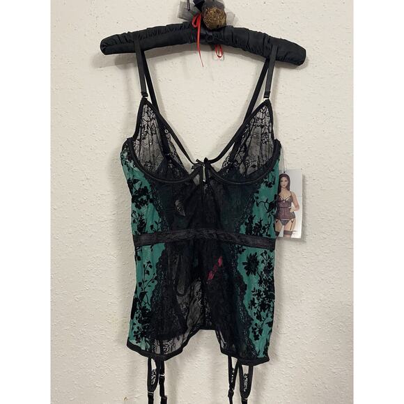 Seven 'Til Midnight Two Piece Flocked Mesh & Lace Bustier & Thong Sexy Set Sz L - Picture 4 of 8